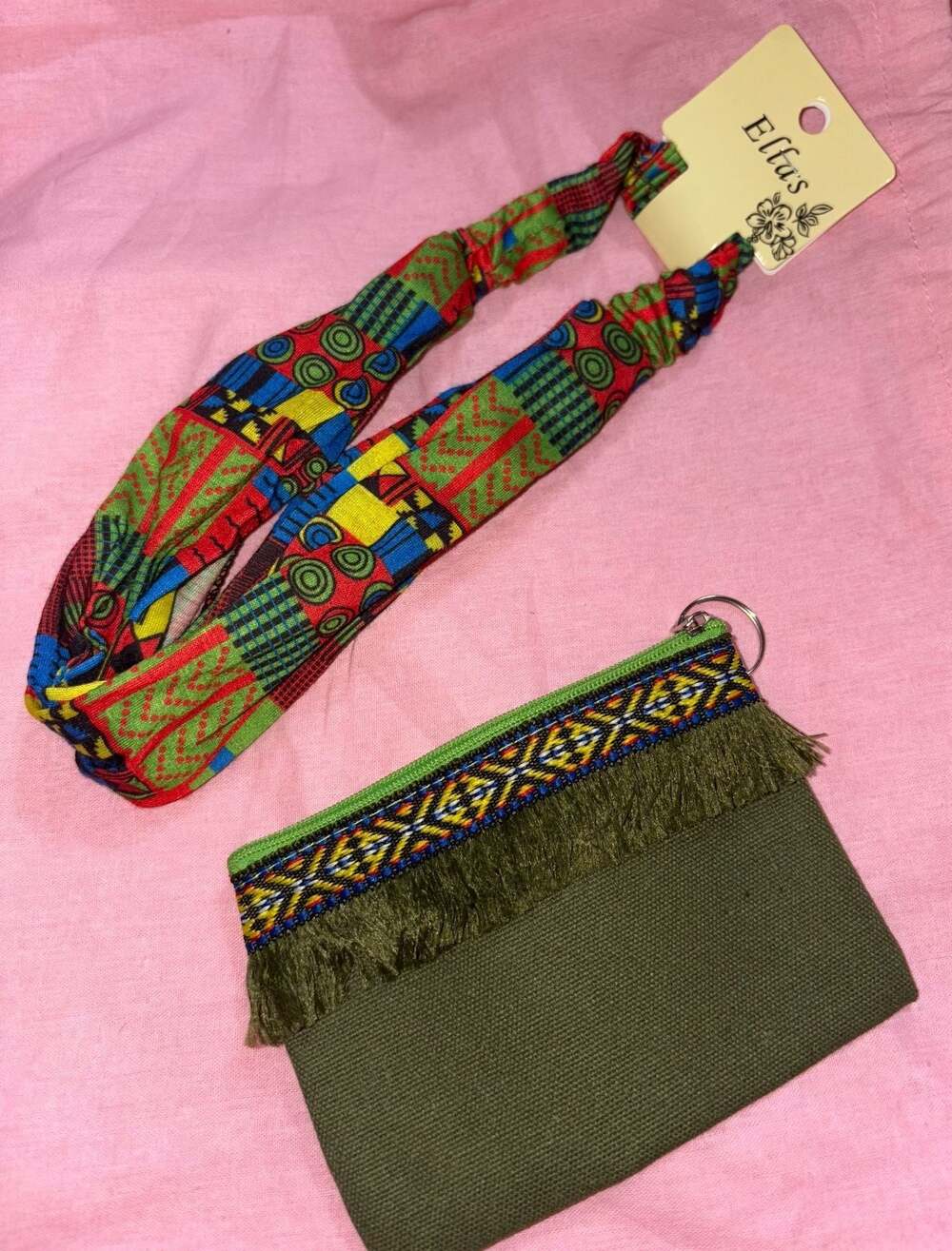 Boho Geometric Print Headband and Fringed Canvas Coin Purse Set